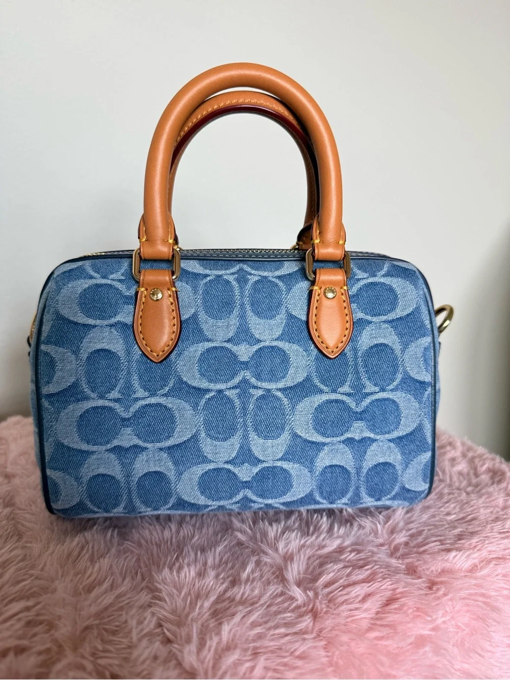 Coach Mini Denim Rowan Signature Satchel in Light Blue and Tan - Picture 4 of 9